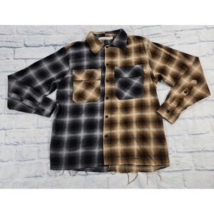 MNML Flannel Shirt MENS SIZE XS Brown Gray Button Raw Edge Hem